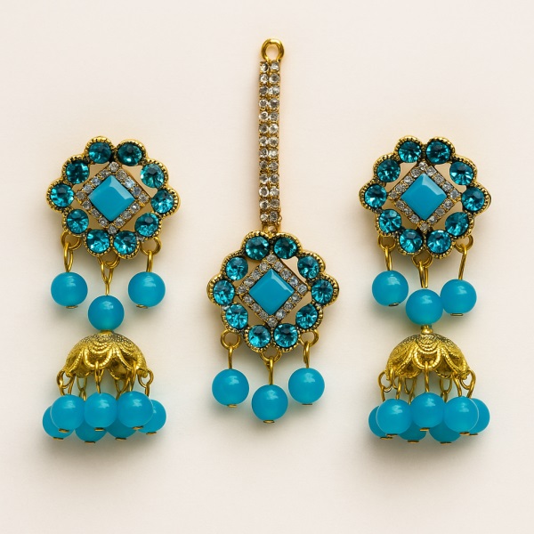 Traditional Jhumkay and Bindya Set with Blue Stones