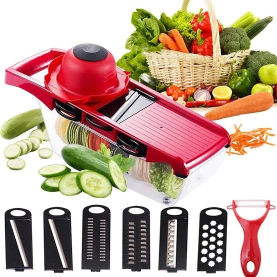 10-in-1 Mandolin Vegetable Cutter – red kitchen slicer with grater, peeler & stainless steel blades