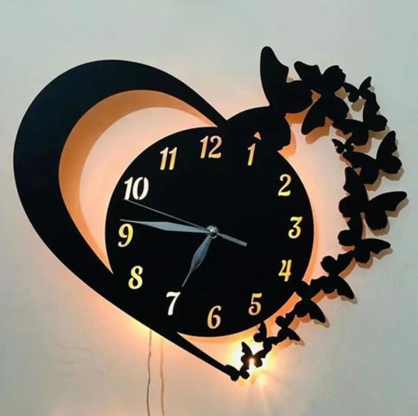 3D Wooden Wall Clock with LED Light for Home Décor