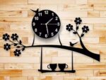 3D Wooden Wall Clock Birds on Tree with Coffee Cups