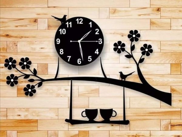 3D Wooden Wall Clock Birds on Tree with Coffee Cups