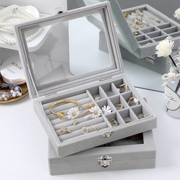 Velvet Jewelry Ring Display Box with Glass Cover and Organizer Slots