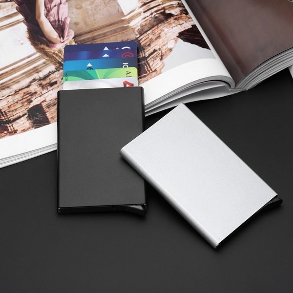 Slim pop-up card holder wallet – black anti-theft aluminum credit card case for men and women, perfect for ID and bank card storage