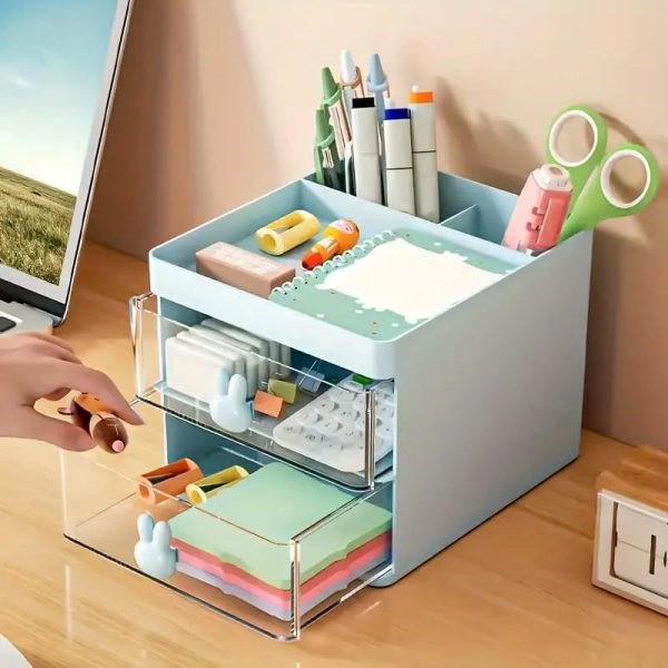 Clear Desk Organizer With Rabbit Handle for Makeup and Jewelry