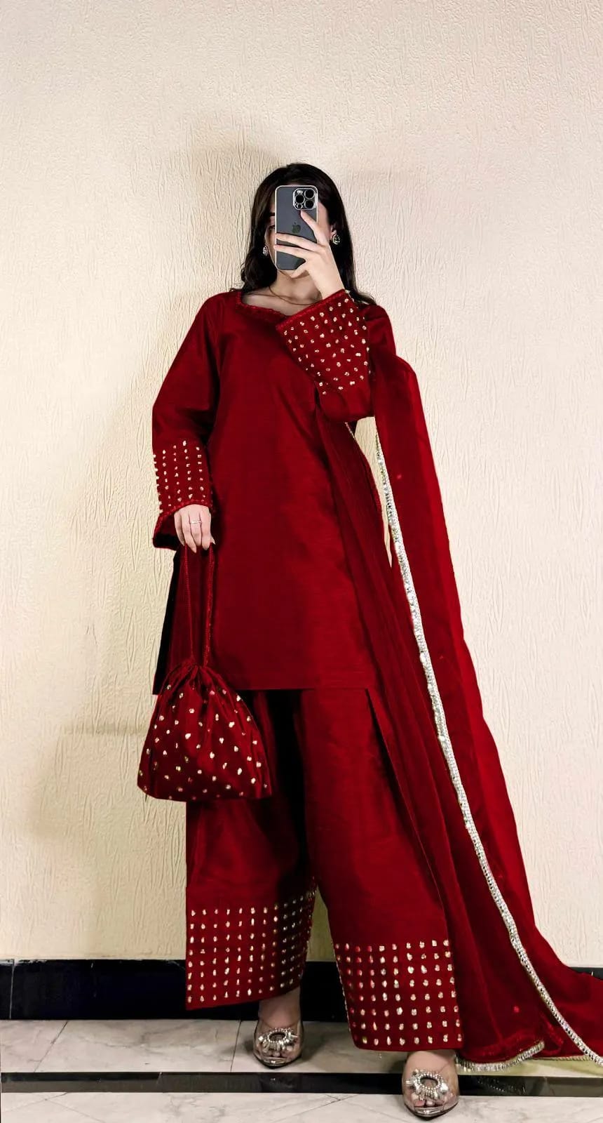 Maroon Farshi Shalwar Kameez for Women 4 Pcs Silk Dress