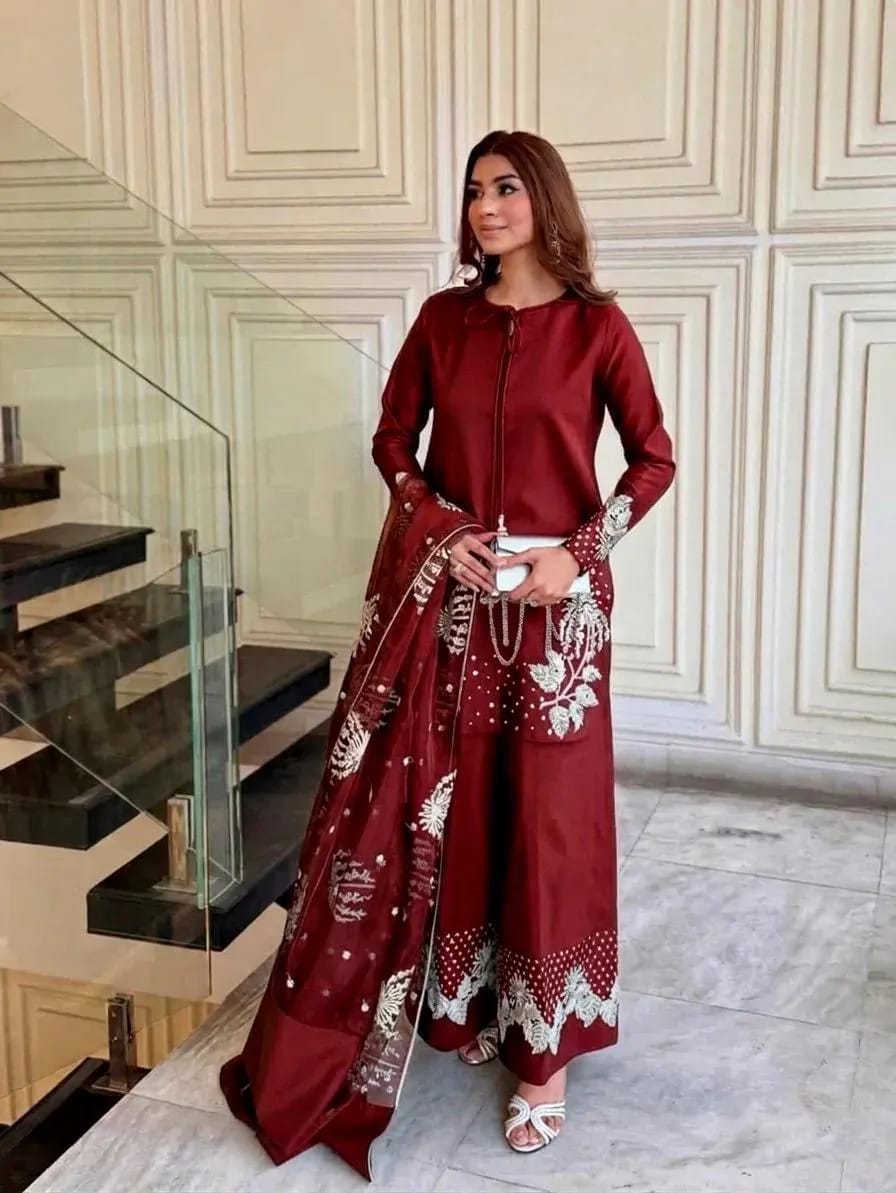 Maroon Embroidered Suit for Women Luxury 3 Pcs Set