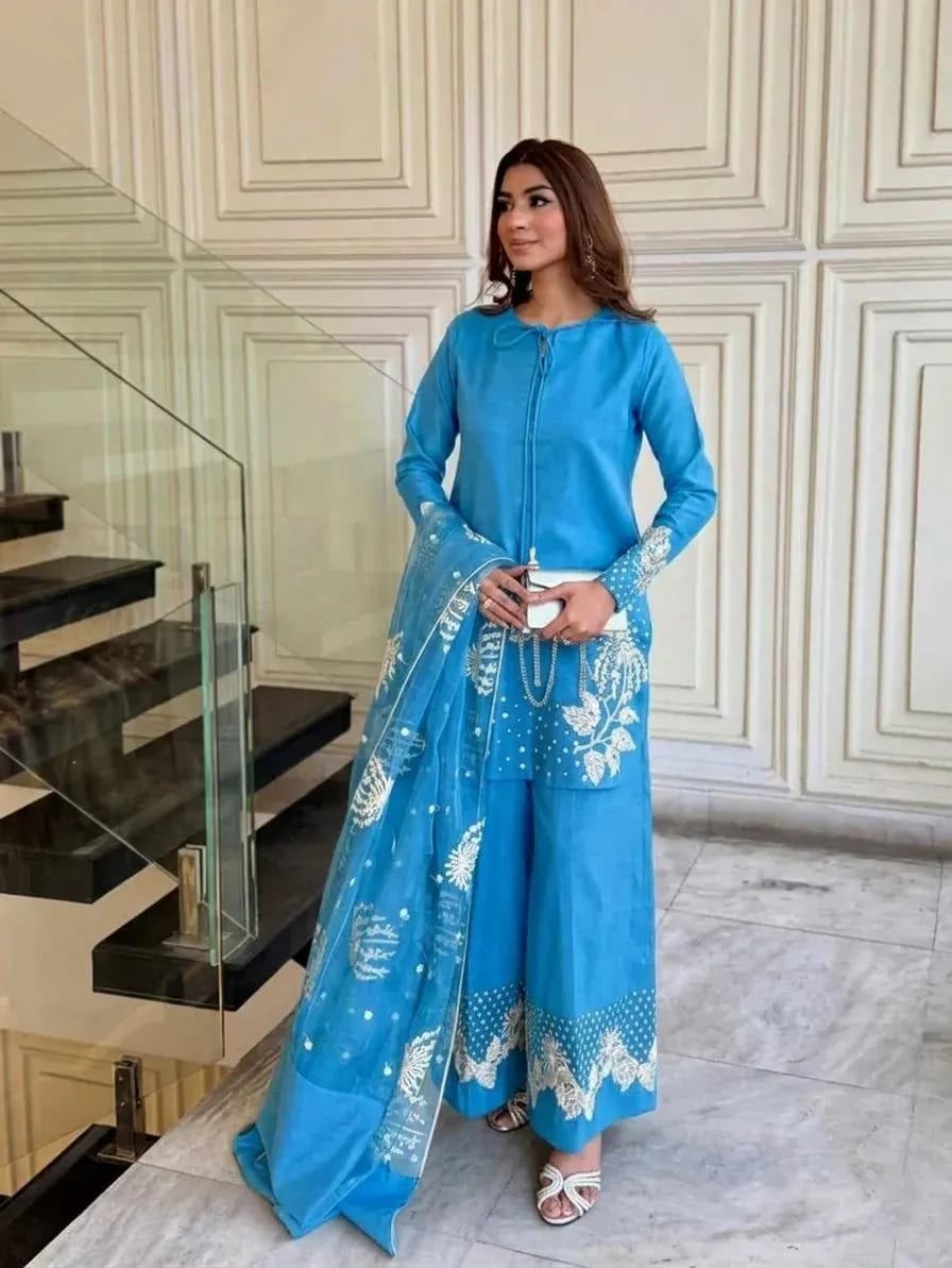 Blue Embroidered Pakistani Suit for Women Luxury 3 Pcs