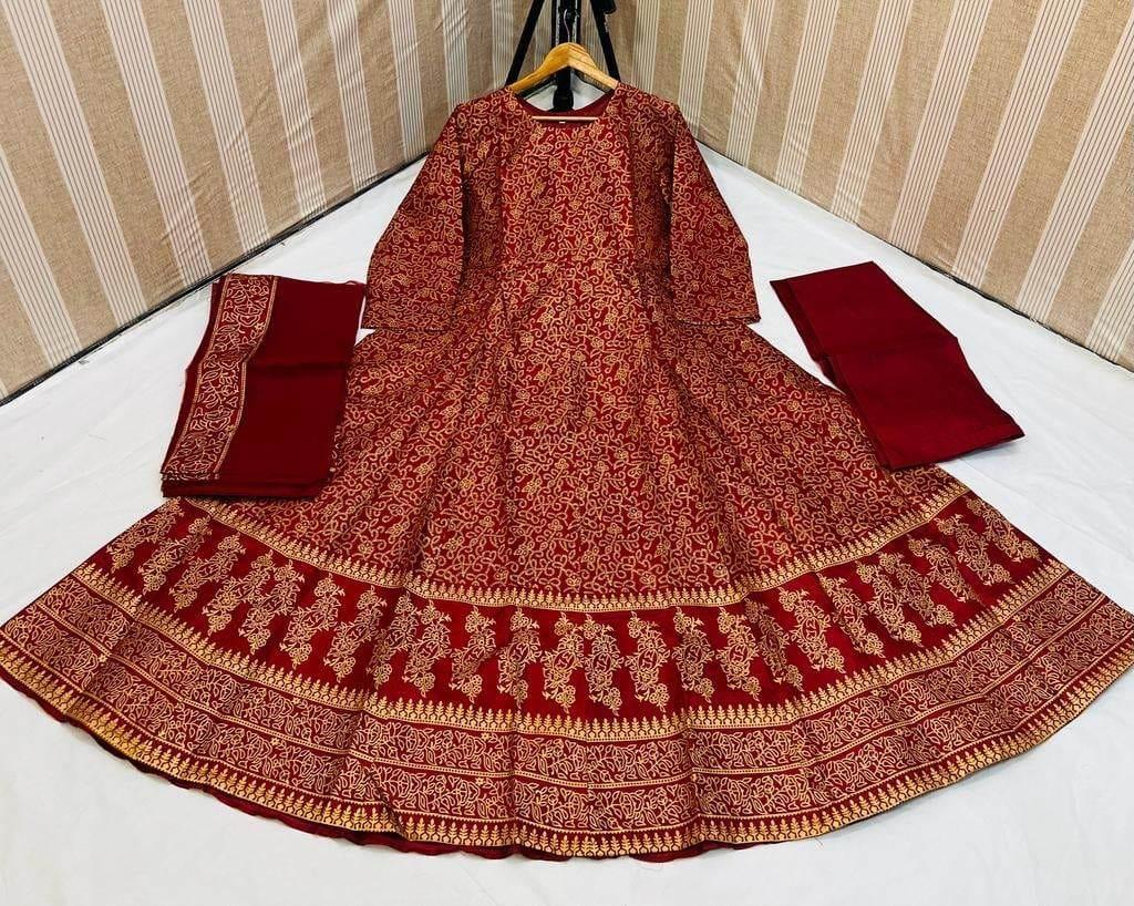 Red Katan Silk Maxi Suit for Women Luxury 3 Pcs Set