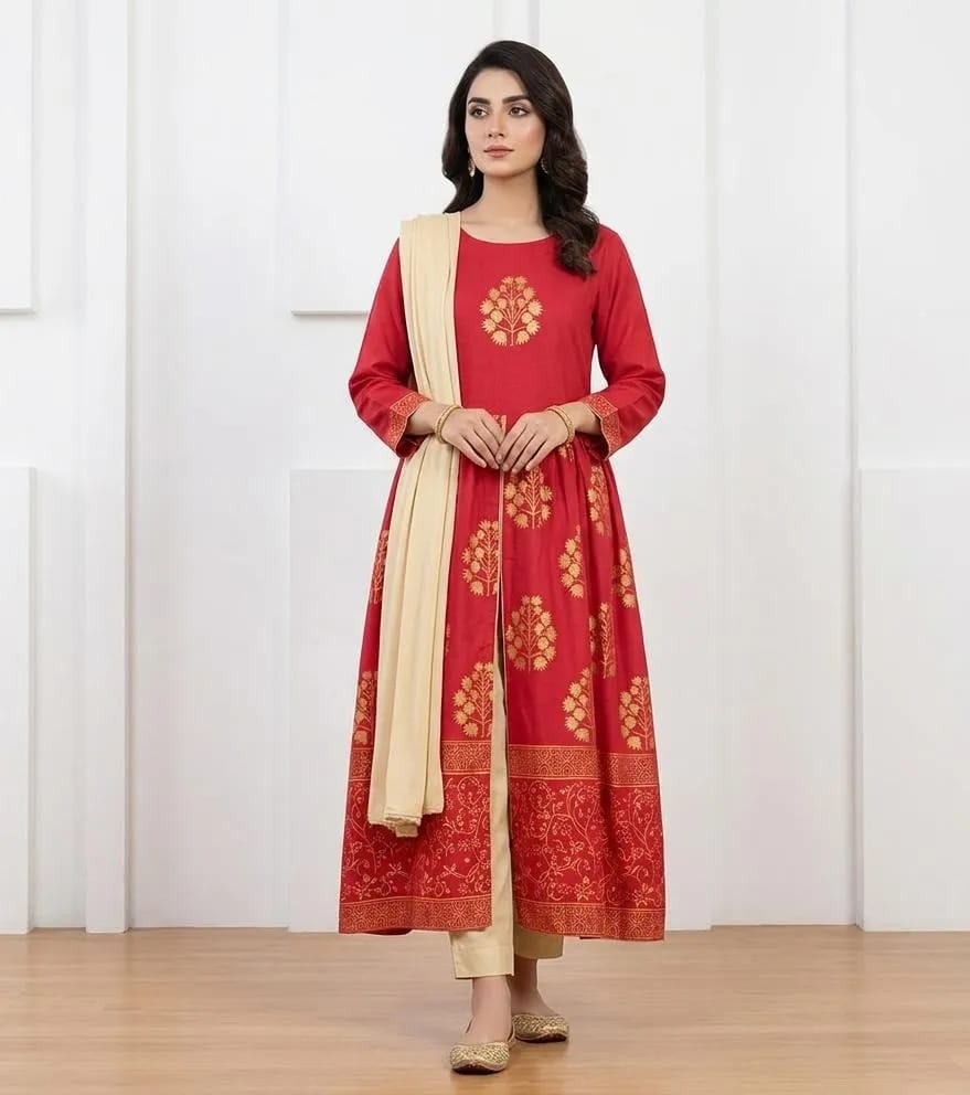 Red Arabic Lawn Maxi Set for Women Block Printed 3 Pcs Outfit