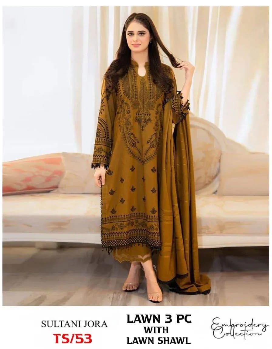 Mustard Embroidered Lawn Suit for Women 3Pc Summer Dress