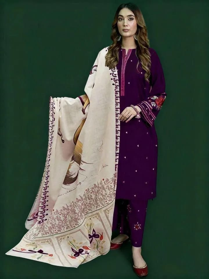 Purple Embroidered Lawn Suit for Women Unstitched 3Pc